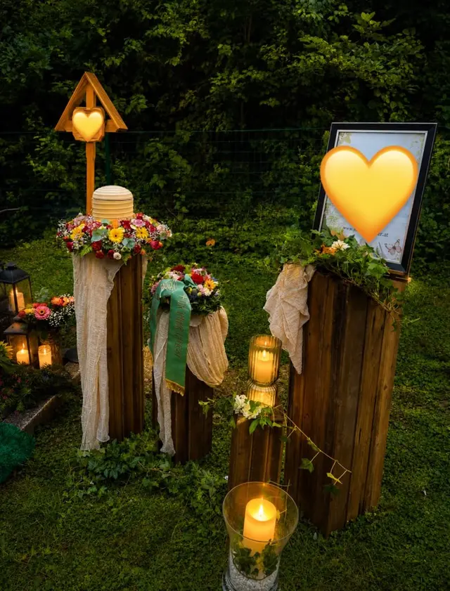 Stimmungsvolle Aufbahrung im Freien am Abend mit Laterne und Kerzen