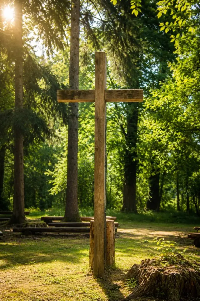 Holzkreuz auf einer Lichtung im Seelenpark Brunnsee