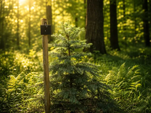Neu gepflanzter Seelenbaum mit Namensschild im Seelenpark Brunnsee