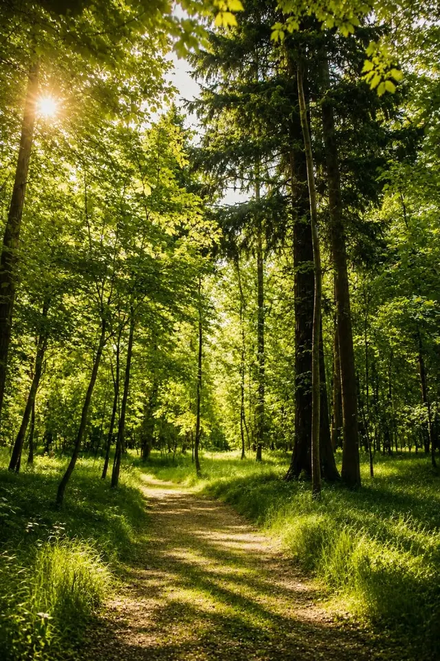 Sonnendurchfluteter Waldweg im Seelenpark Brunnsee